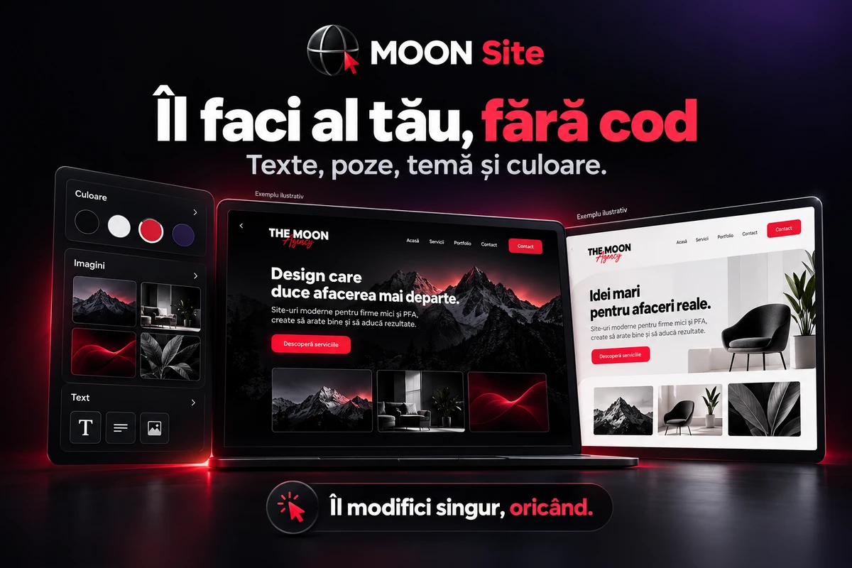 Exemplu ilustrativ MOON Site: personalizarea textelor, imaginilor, temei și culorilor fără cod