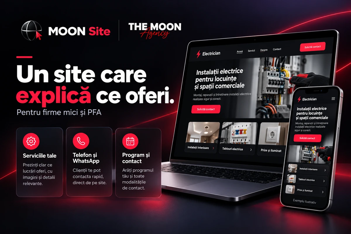 Ilustrație MOON Site: servicii, telefon, WhatsApp și date de contact pe un site de prezentare